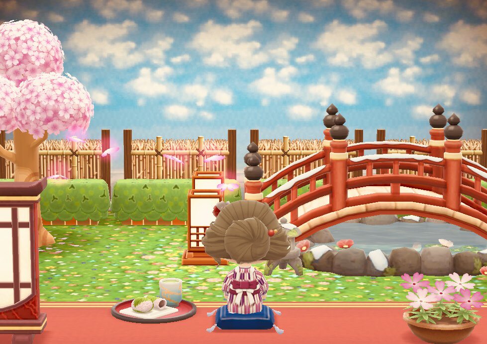 ポケ森レイアウト🌼花畑を通る小道マイデザインポケ森の強み夜風