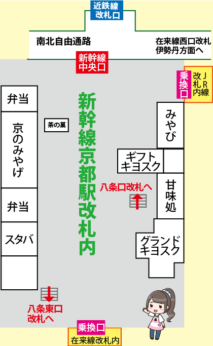 京都駅の新幹線改札内：お土産売り場マップと営業時間 6時半～21時半京都駅お土産売り場ガイド