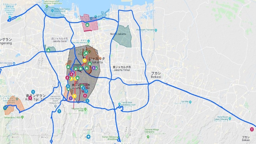 インドネシア・ジャカルタのエリア地図。ジャカルタのこのアートマップには、土地の質量、水、主要道路、およびマイナー道路の地理線が含まれています。のイラスト素材・ベクターImage 115364719