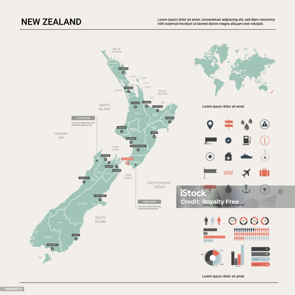 主要都市や高速道路でニュージーランドの地図をフリーハンドでカラフルに描いて落書き。ベクトルイラスト。のイラスト素材・ベクター Image170187180