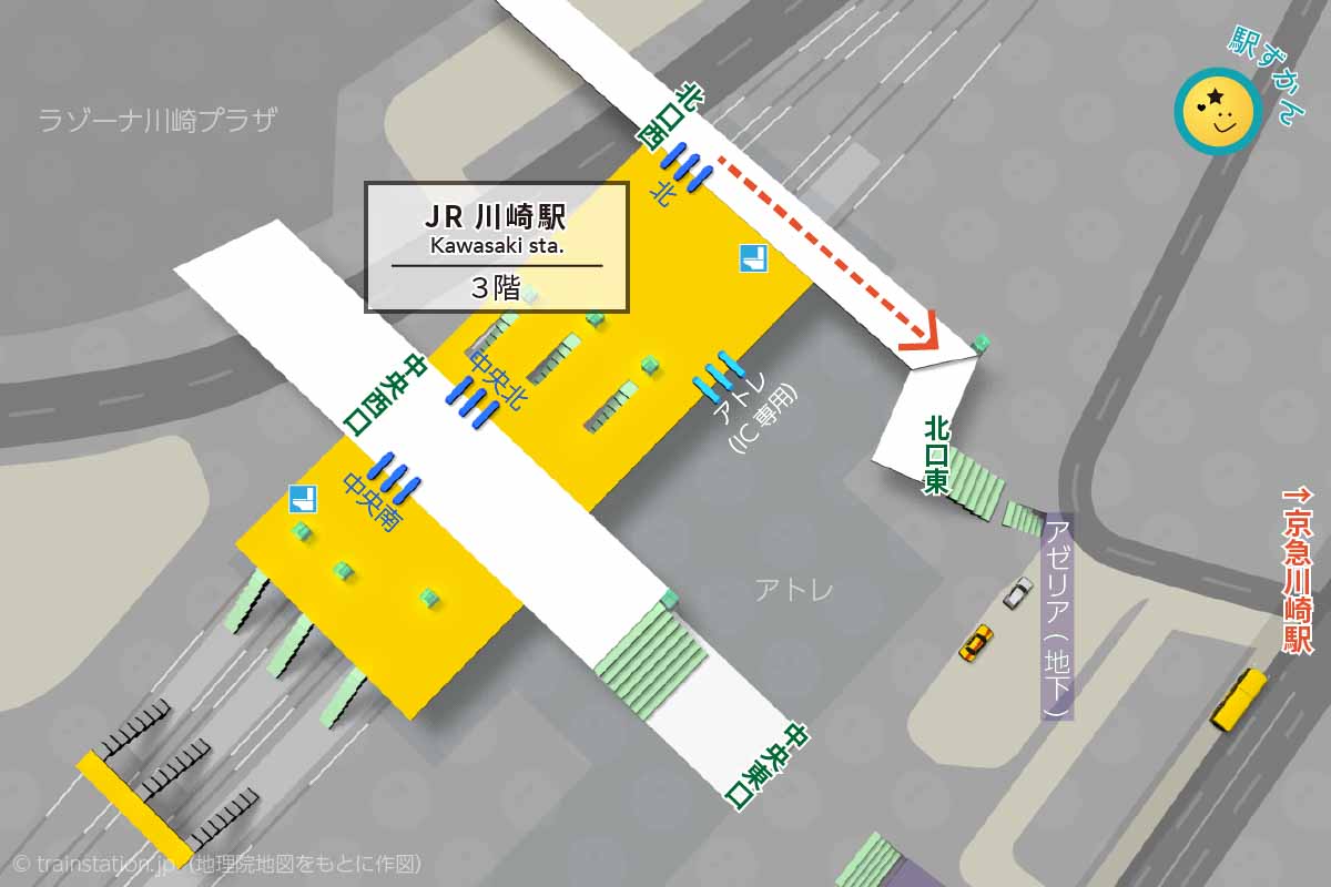 ＪＲ川崎駅 東海道線ホームのエレベーター・エスカレーター・階段に近い降車位置情報