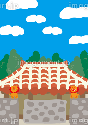 古民家とハイビスカスの無料素材 - イラスト沖縄