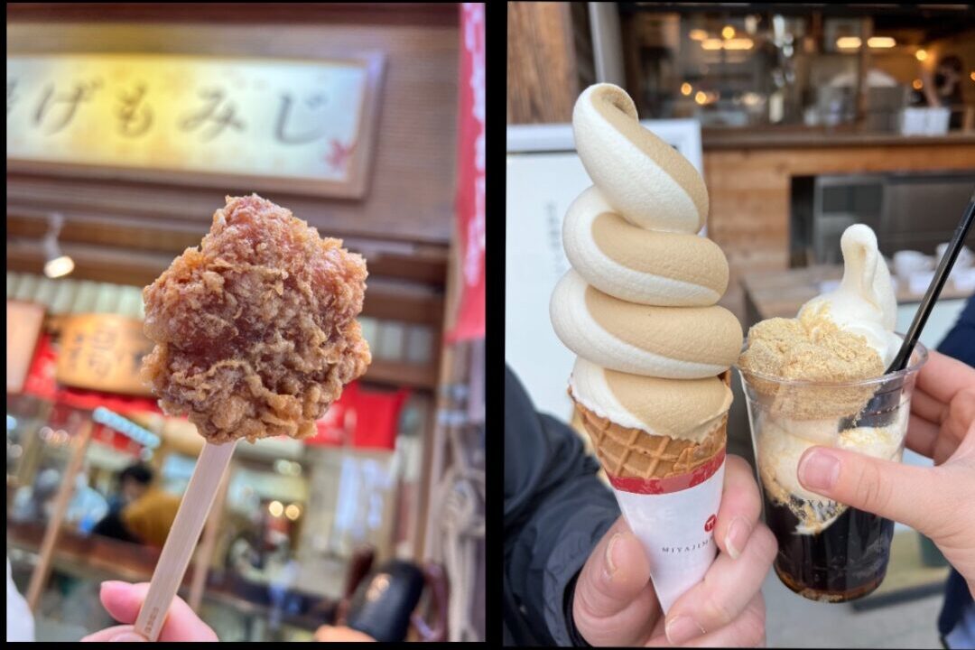 宮島横丁」さんの“歩きお好み焼き”レンタルきもの みやじま小町 公式 ～世界遺産 宮島で着物・浴衣をレンタルして観光を100倍楽しもう！～