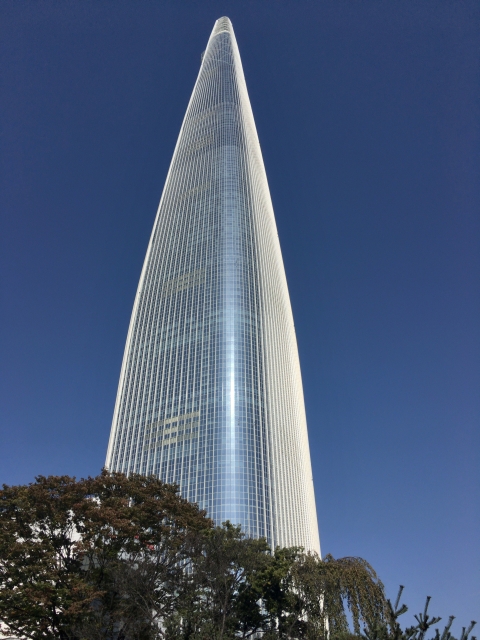 夜のロッテワールドタワー。 121階500mの展望階ソウルスカイからの夜景も素晴らしいですが、下から見上げるタワーも綺麗です！ロッテワールドタワー夜景韓国ソウル海外旅行青森空港チャーター便大韓航空一人旅KPOP韓ドラチュクミ益善洞聖水洞