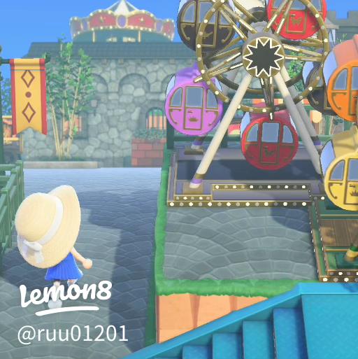 あつ森 丘の上のレトロでかわいい遊園地と海沿いの遊歩道のレイアウト -