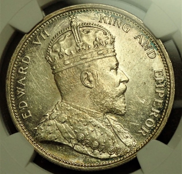 海峡植民地、1907年エドワード7世記念ドル。PCGS AU 55。発行枚数6,842,000枚。 イギリス海峡植民地20セント銀貨☆1927年 準未使用・極美品