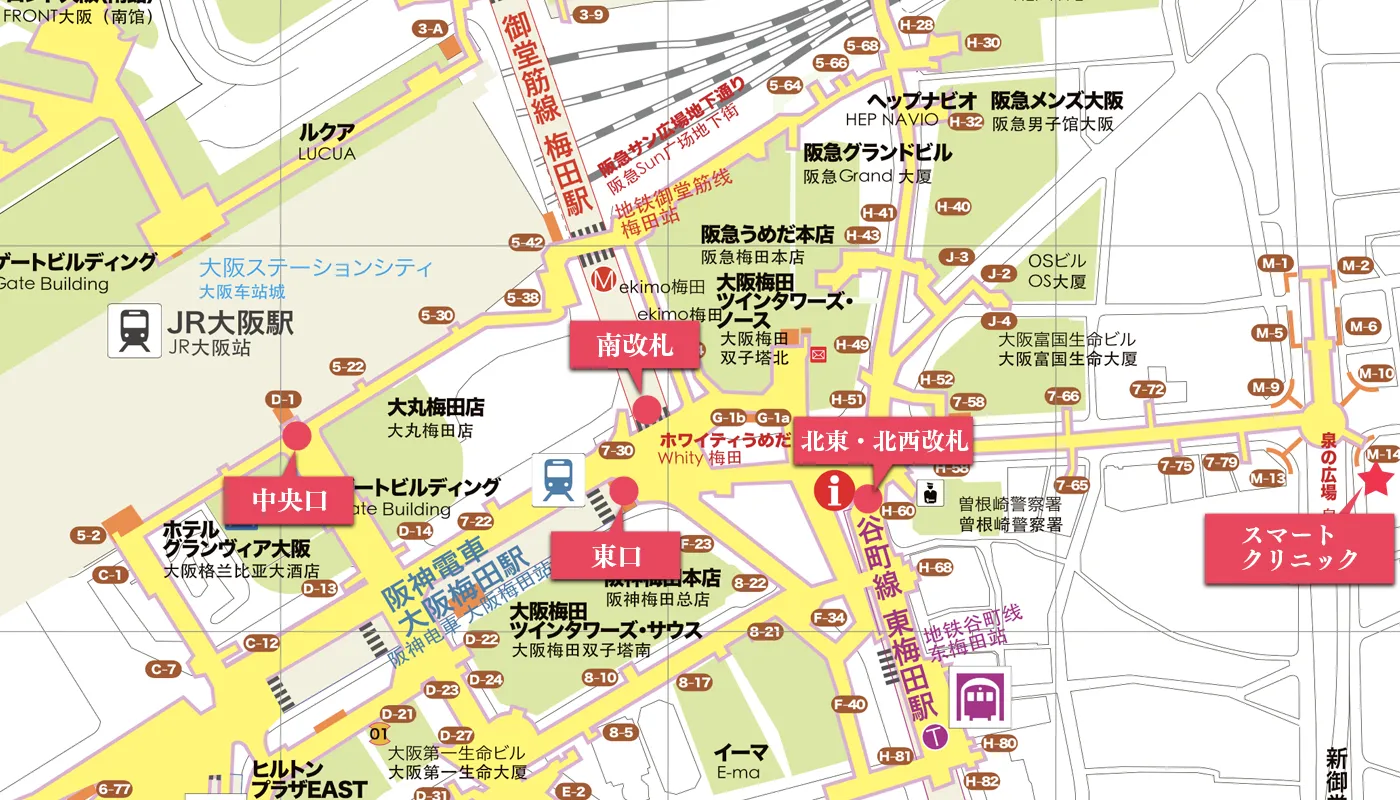 大阪駅からのMAPを新しいもの作りました。迷われる方も多く、梅田 ダンジョンと言われるくらいなので、わかりにくいとお声を頂くことも多いです。一度慣れるとわかりやすいとは思うのですが。地下街 ホワイティうめだ