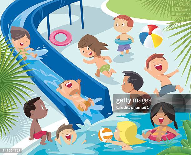 水着の女の子二人組とプールとウォータースライダーのイラスト素材90059749- PIXTA