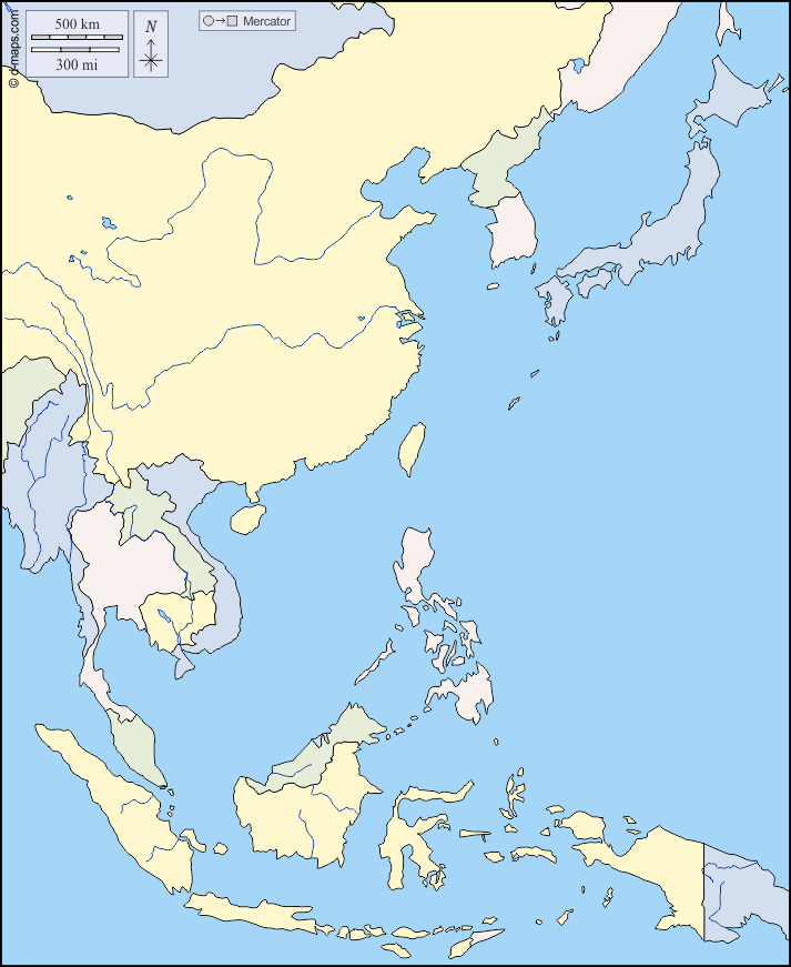 白地図58 東アジア２ 河川正距円錐図法 中心 N35°E115°