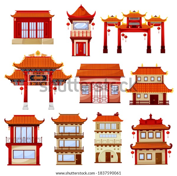 カラフルな中国の建物フラット分離イラスト中華街の伝統的な塔の家Premiumベクトル素材