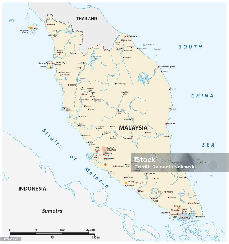 マレーシア地図ベクトル イラスト 地図にはすべての州があり、マレーシアの首都をマークしますPremiumベクトル素材