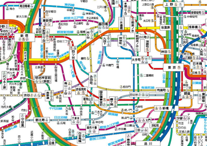 「都市部路線図１ デカ文字」東京 関東、首都圏封筒発送 ふりがな付き鉄道路線図