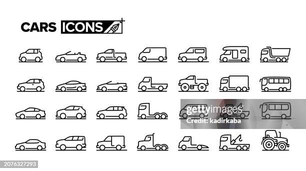 車のアイコンの異なる種類のリスト 交通機関 異なるセグメントや単純なシルエット黒のピクトグラムの種類から車のアイコンを設定します 車の多くの種類の側面図ストックベクター