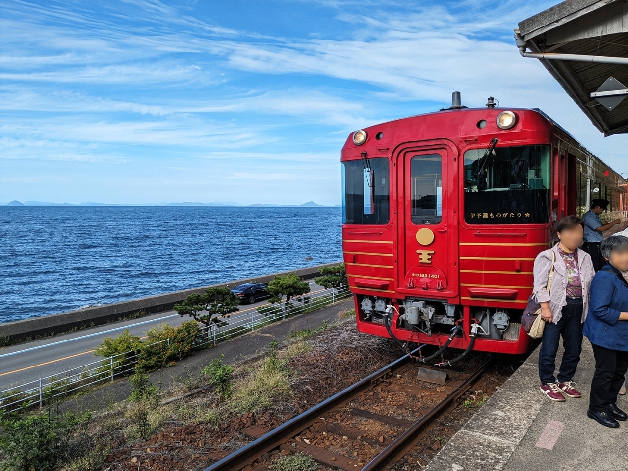 こんにちは、下灘商店です！ 下灘駅には、「観光列車伊予灘ものがたり」以外にも、1日18本の列車が停車します。基本となるシルバーの車体に水色のラインが入った7000系の車両のほか、さまざまなラッピング列車がやってきます。 中でも、ひときわ目を引くのがJR四国の