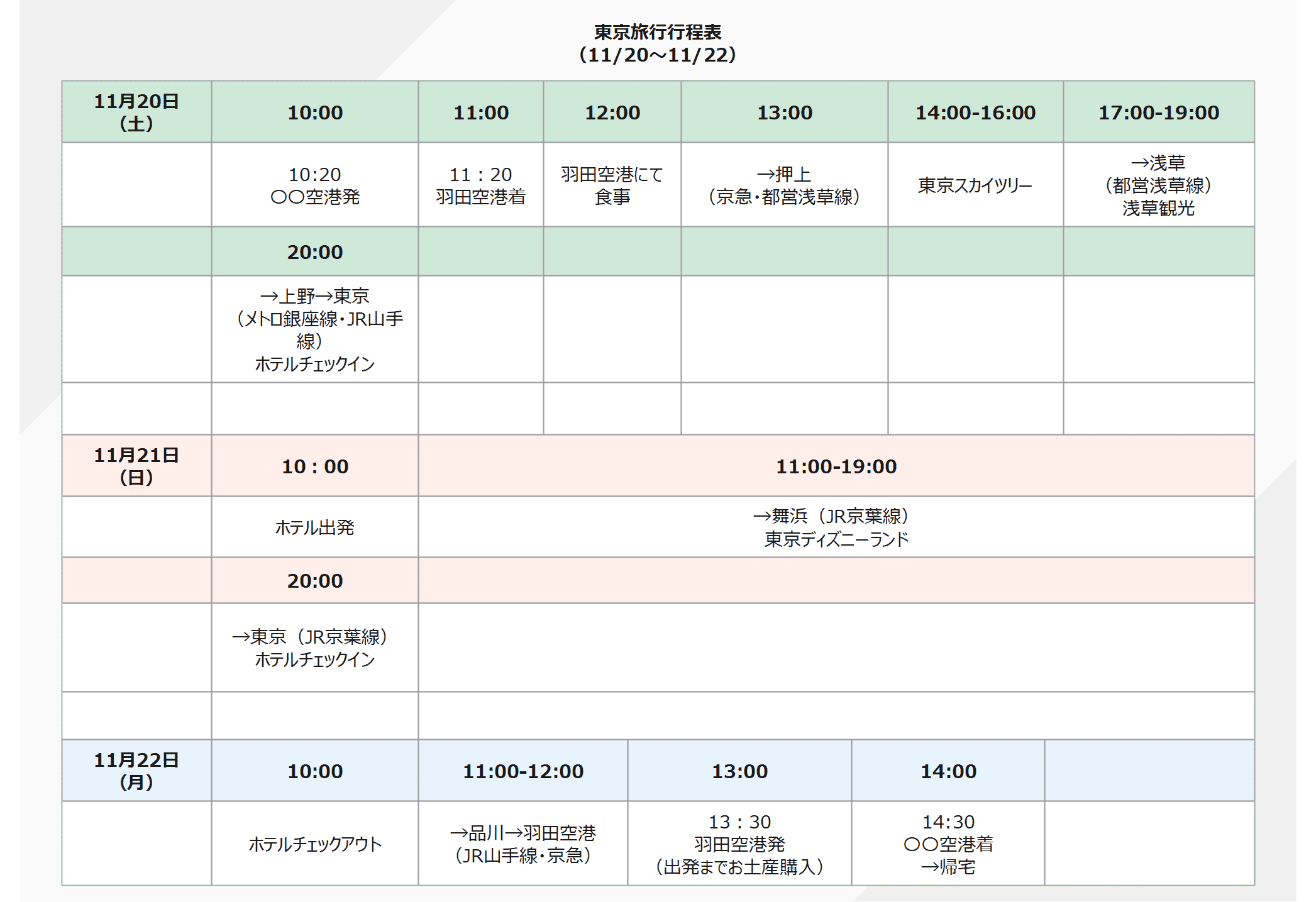 旅程表テンプレート 無料エクセル対応 旅行・出張の日程表 日帰り～海外までBizroute