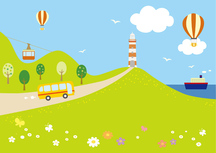 森と山の背景、フラット スタイルの図赤いロープウェイ機内の写真のイラスト素材・ベクター Image