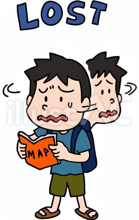 無料イラスト素材 地図を見ながら道を探す男性 道に迷う「Free!