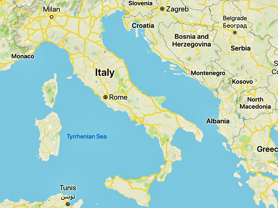 首都 ローマ とナポリ、ヴェネツィア、ジェノヴァ、ミラノなどのいくつかの都市の位置とイタリアと近隣諸国の地図。」のイラスト素材