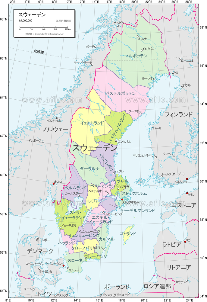 スウェーデンのフリー素材地図世界地図
