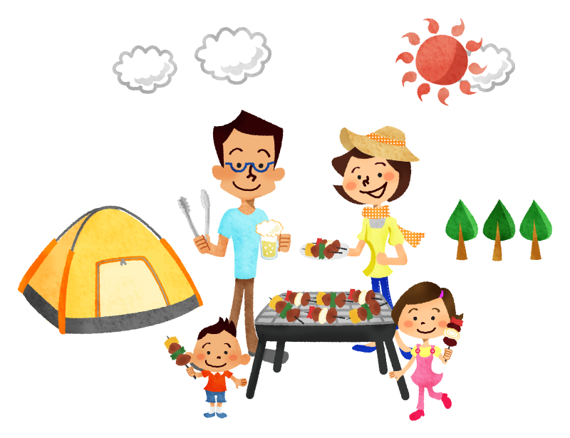 キャンプでバーベキューを楽しむ家族のイラストOzeki Keiko illustration