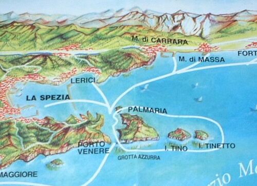 イタリアのリグーリア州の楽しい地図 ヴィンテージの絵入り気まぐれな漫画の古い印刷物のイラスト イタリアの壁アートギフト