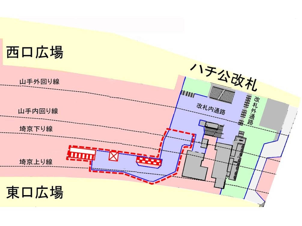 駅構内の平面図 エレベーター案内ポスター ＝JR渋谷駅構内と西口の通路が移動