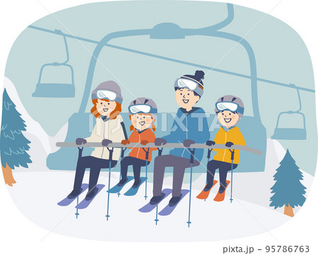 スポーツイラスト スキー場とリフト戯れるスキーヤー達