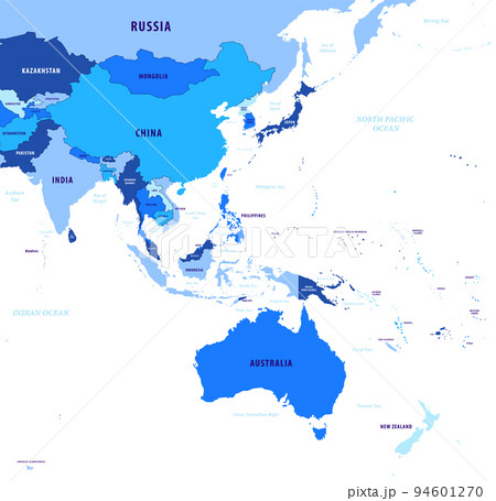 マレーシアの拡大鏡でアジアを中心とした世界地図 太平洋中心の世界地図上のマレーシアの地図に焦点を当てるPremiumベクトル素材