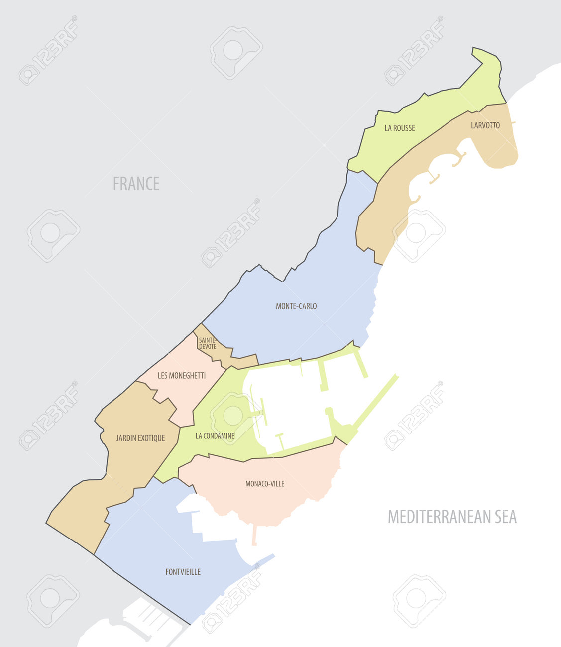 モナコの政治地図。公国、主権都市-、フランスと国境を接する西ヨーロッパのフランスのリビエラのMicrostate。灰色図では、ラベル付けの分離の白い背景英語。ベクトル。のイラスト素材・ベクター Image 72923879