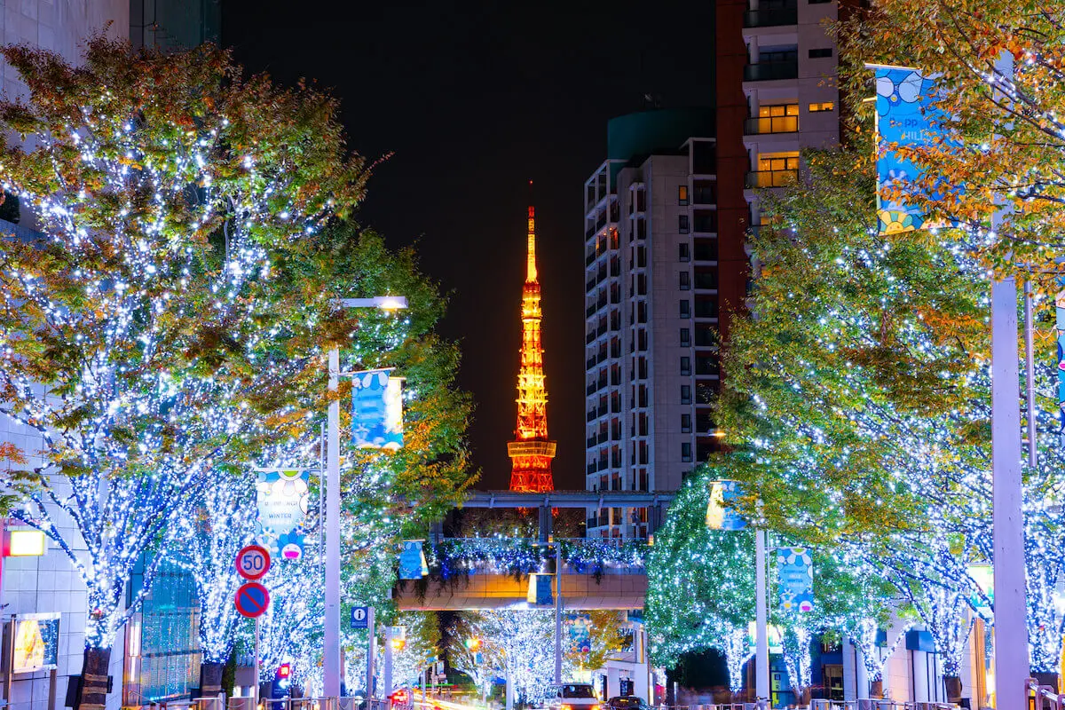 六本木けやき坂通りのイルミネーションと東京タワー 11019035472 の写真・イラスト素材アマナイメージズ