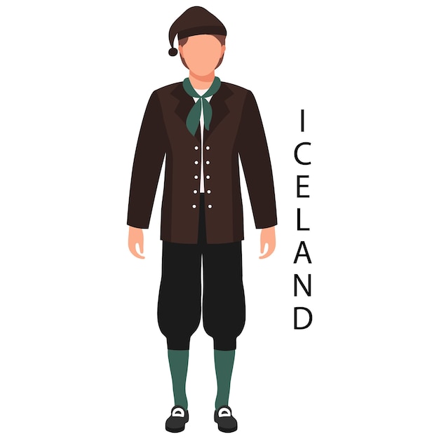 デンマーク、アイスランド。 国民服を着た男女。 民族服を着たヨーロッパ人のセット。 伝統衣装を着た漫画のキャラクター。