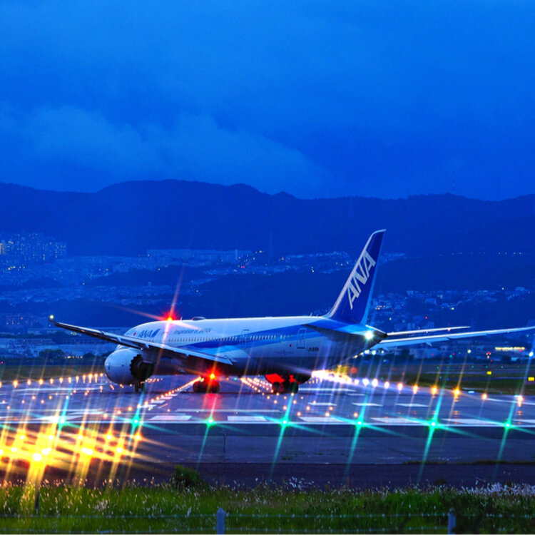 大阪空港千里川夜の着陸シーン, こちらは大阪空港 伊丹空港 の千里川土手にて撮影した飛行機着陸シーンです。,千里川土手は、滑走路のすぐ近くに位置し、迫力満点の飛行機の着陸を間近で体感できる絶好のスポットです。,飛行機が頭上をかすめるように降りてくる瞬間は圧巻で、多くの航空ファンや観光客に人気があります。, 2024.06.29撮影,夜間飛行,夜の滑走路,