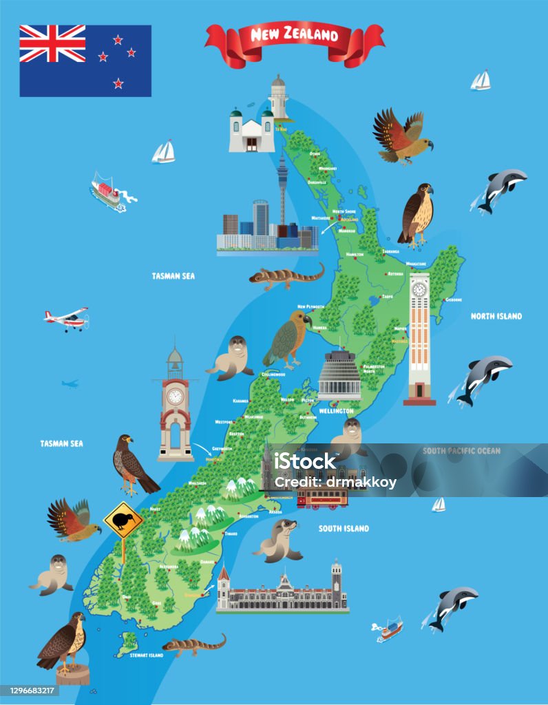 緑のインフォ グラフィックとしてニュージーランドの地図のイラスト素材・ベクター Image