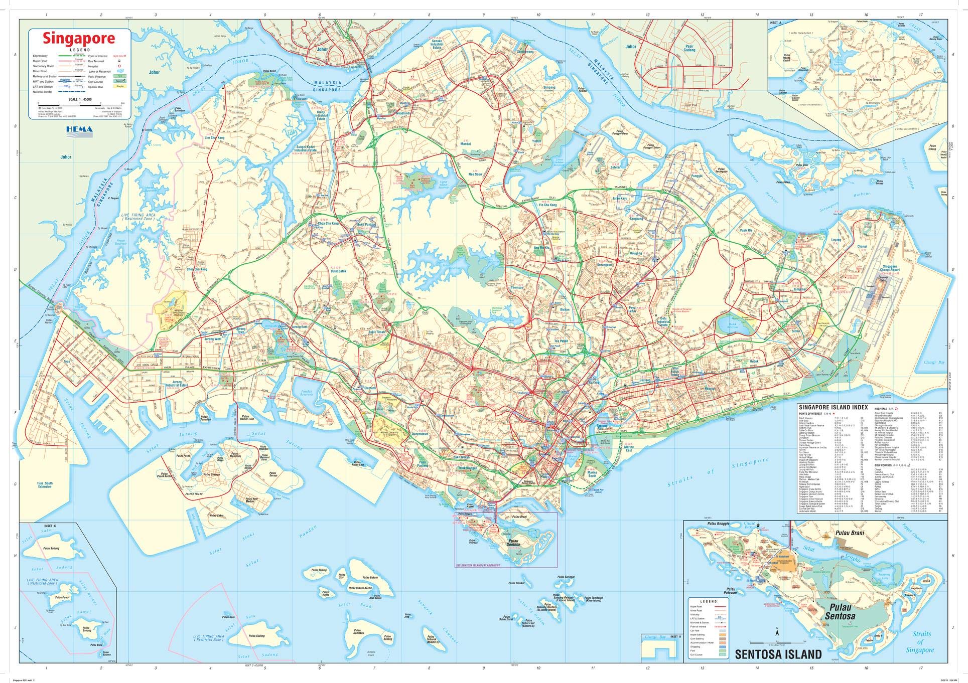 カラフルなランドマークのイラストデザインとシンガポールの地図Premiumベクトル素材