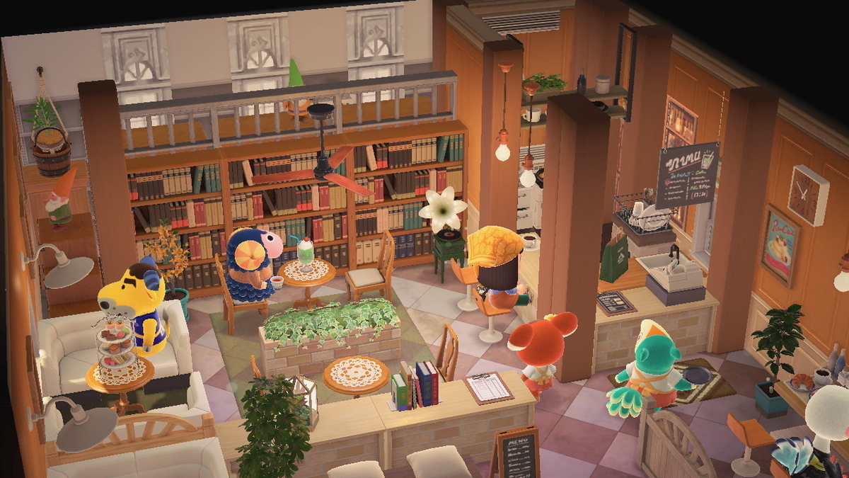 うちのラムネちゃんもハピパラへ🛫🏖 図書館のある別荘をつくりました📔 2階建ての、吹き抜けがある 大きな図書館をイメージして💭あつ森あつまれどうぶつの森島クリエイター島クリエイトあつ森レイアウトあつ森写真部あつ森生活あつ森日記あつもり