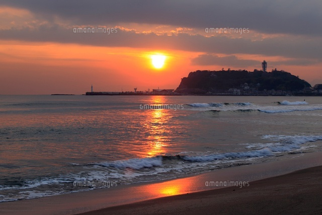 江ノ島の写真 夕日夕景 富士山 港