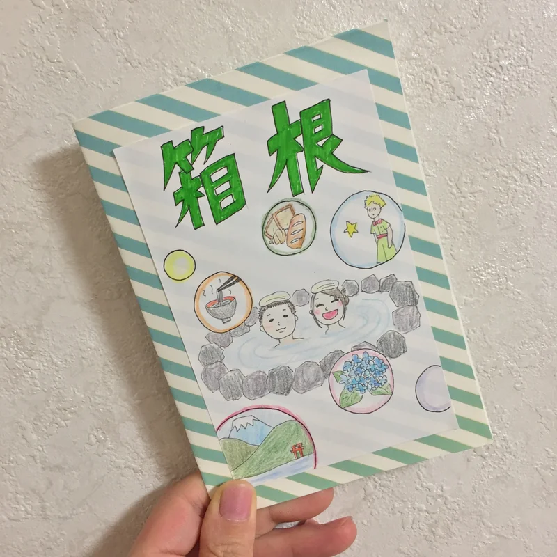 デザイン付きの旅のしおりです。スケジュールなどは印刷後に手書きで書くこともできるので子供でも簡単に手作りできる旅行日程表