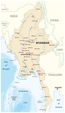 ミャンマー首都ネピドー、国境、重要な都市、河川や湖沼での政治地図。ビルマ、ラングーン、旧首都ヤンゴンとも呼ばれます。英語のラベルします。イラスト。のイラスト素材・ベクターImage 88550774