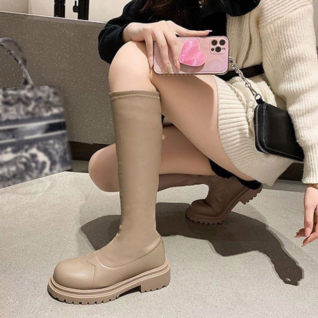 厚底レースアップロングブーツ 韓国ファッション 韓国
